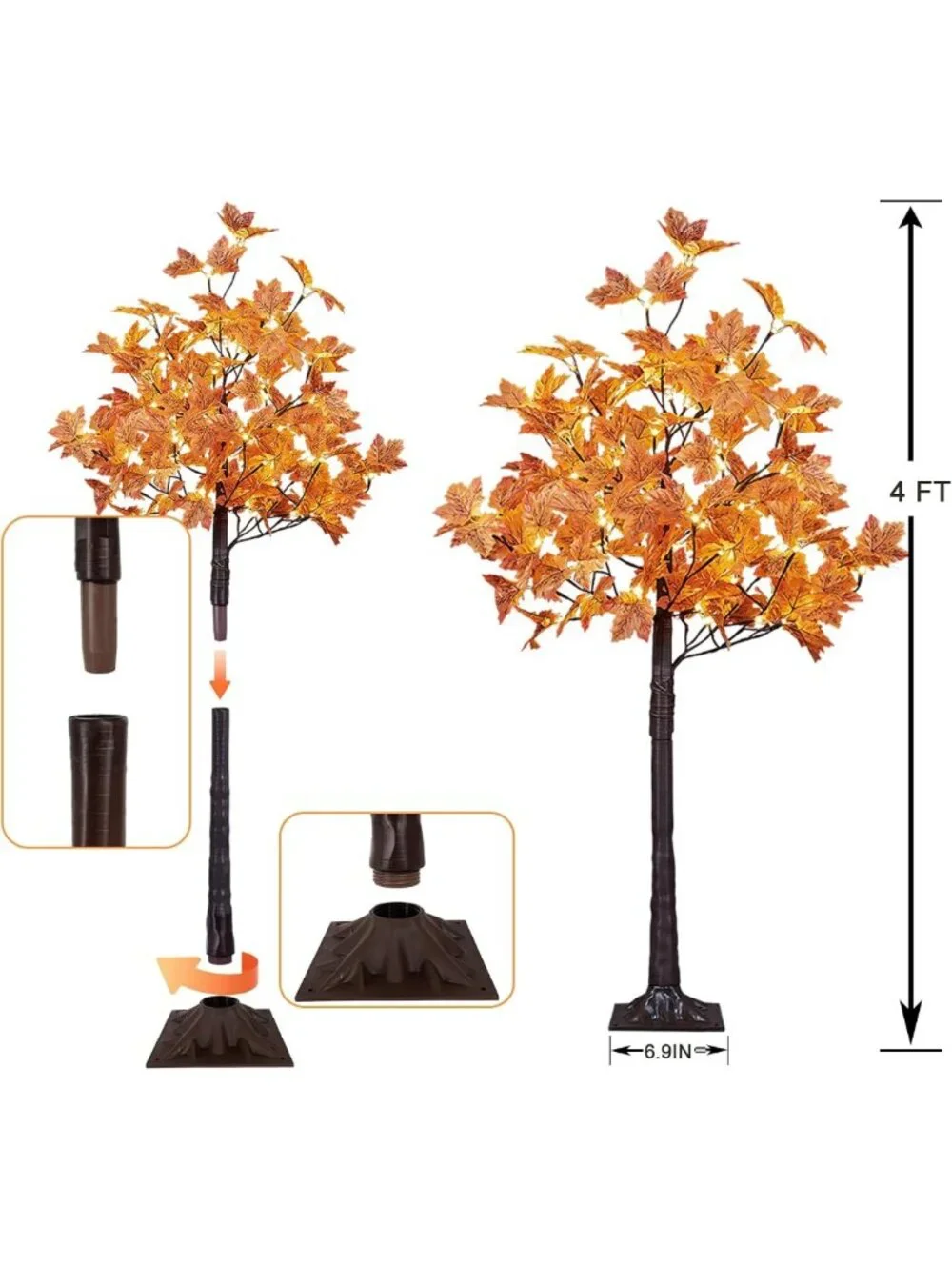 2PCS 4FT LED Lighted Maple Trees - Warm White & Orange Fall Decor for Halloween